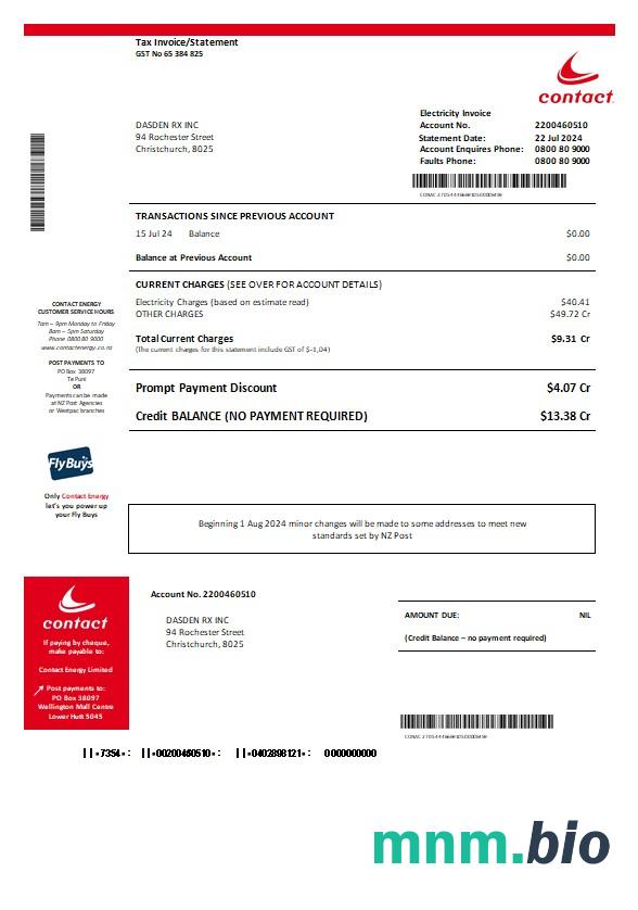 Nowa Zelandia kontakt Energy proof of energy rachunek za usługi komunalne w formatach Word i PDF
